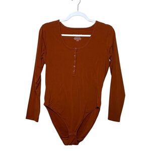 Everlane The Long-Sleeve Round Neck Bodysuit Tierracotta Women L Stretch Button